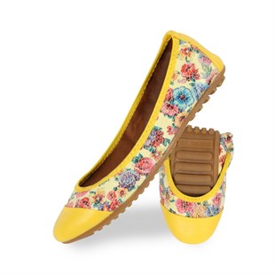 Rollbab Yellow Flowered Pinup Kadın Babet ayakkabı